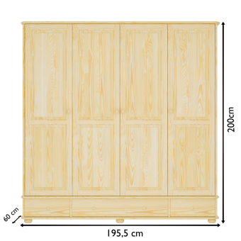 Rysunek techniczny szerokiej szafy z litego drewna z trzema szufladami – szczegółowy schemat konstrukcyjny ułatwiający planowanie wnętrza.