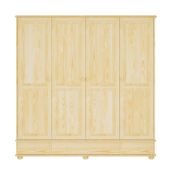 Szeroka szafa sosnowa z czterema drzwiami i dolnym rzędem trzech szuflad – naturalna struktura drewna zabezpieczona ekologicznym lakierem.