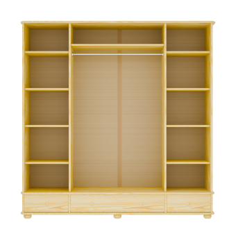 Widok na rozbudowane wnętrze szafy czterodrzwiowej – funkcjonalny układ drążków na ubrania, kolumn z półkami oraz dolnych szuflad.