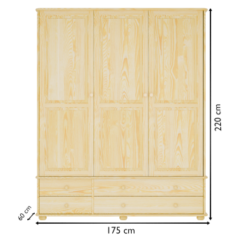 Szafa sosnowa 175x60x220 cm – widok techniczny z dokładnymi wymiarami mebla drewnianego.