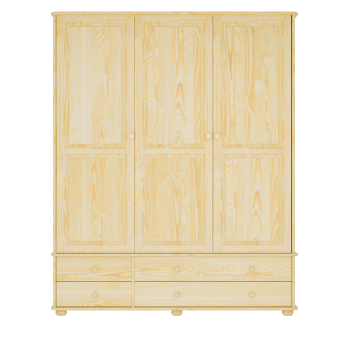 Trzydrzwiowa szafa sosnowa z naturalnego drewna z czterema szufladami dolnymi – gładkie fronty z wyraźnym rysunkiem słojów.