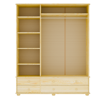 Wnętrze szafy sosnowej z półkami oraz drążkiem na ubrania, funkcjonalne i praktyczne rozwiązanie do przechowywania.