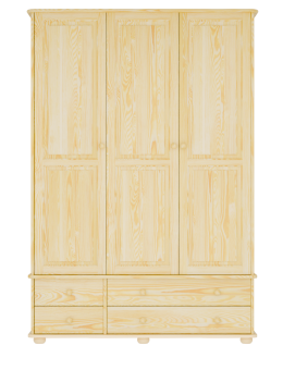 Trzydrzwiowa szafa sosnowa z litego drewna, w naturalnym odcieniu, z czterema pojemnymi szufladami u dołu.