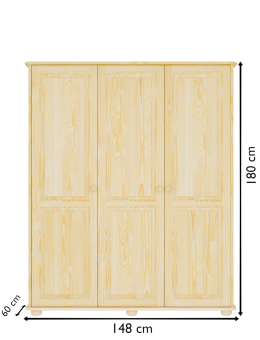 Rysunek techniczny szafy trzydrzwiowej z litego drewna – precyzyjny schemat konstrukcyjny modelu ułatwiający planowanie wnętrza.