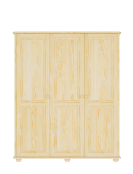 Trzydrzwiowa szafa sosnowa z naturalnego drewna – potrójne fronty z wyraźnym rysunkiem słojów zabezpieczone ekologicznym lakierem.