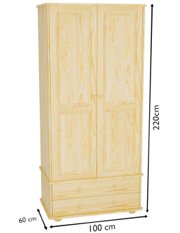 Wizualizacja wymiarów szafy sosnowej 100x60x220 cm – wysoka szafa do garderoby.