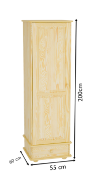 Schemat wymiarów szafy sosnowej 55x60x200 cm z zaznaczoną szufladą i głębokością.