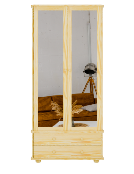Dwudrzwiowa szafa sosnowa 100x220 cm z lustrami – optyczne powiększenie wnętrza.