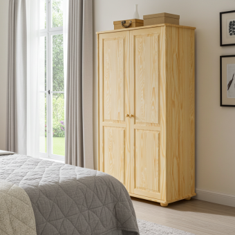 Szafa sosnowa 100x60x180 z litego drewna w jasnej sypialni – solidne meble drewniane od producenta.