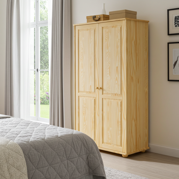 Szafa sosnowa 100x60x180 z litego drewna w jasnej sypialni – solidne meble drewniane od producenta.