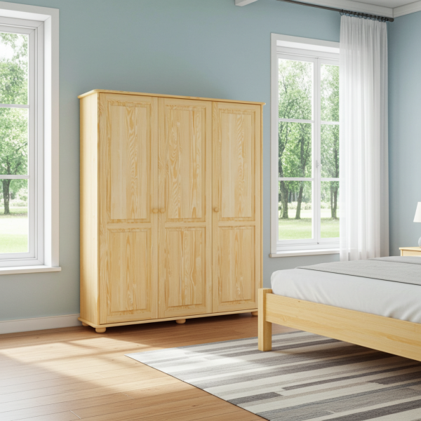 Przestronna szafa trzydrzwiowa z litego drewna w nowoczesnej sypialni – solidne meble sosnowe o naturalnym wykończeniu.