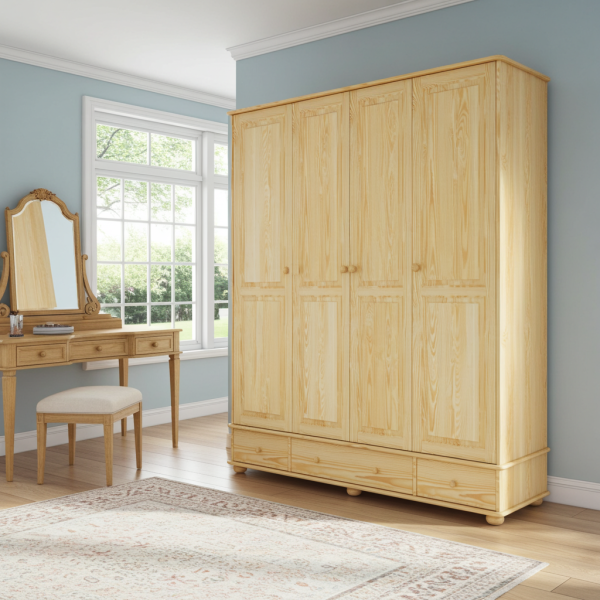 Przestronna szafa czterodrzwiowa z litego drewna w nowoczesnej sypialni – solidne i ekologiczne meble sosnowe o naturalnym wykończeniu.